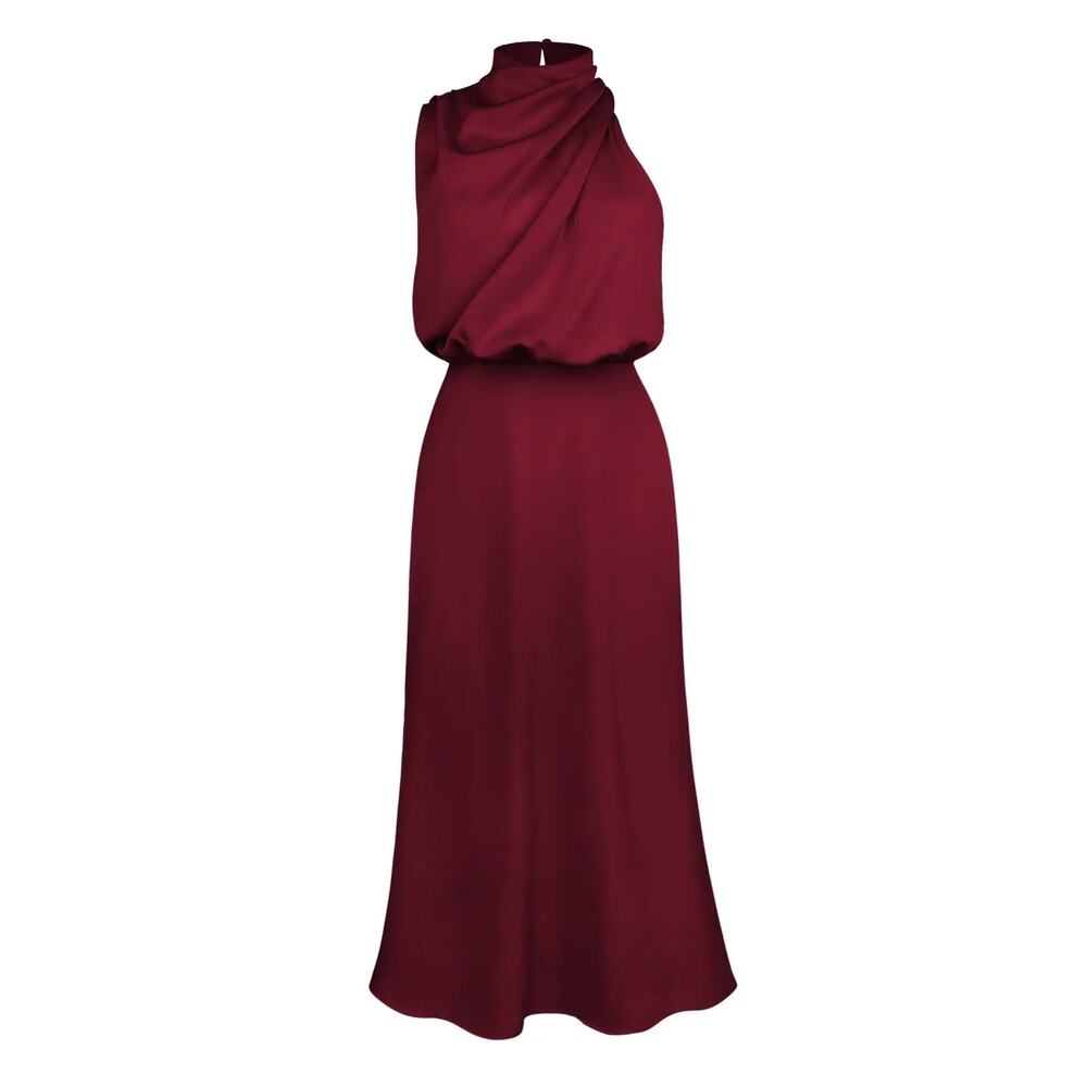 Sweetkama Burgundy Mock High Neck Draped Satin Cocktail Midi Dress Size XL